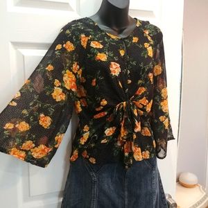 AlmostFamous front tie sheer black blouse orange flowers polka dots size S
